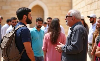 Group of tourists listening attentively to a local guide at a historical site