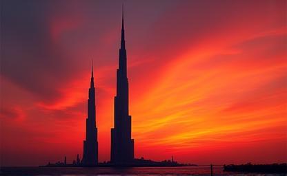 Iconic Kuwait Towers silhouetted against a vibrant sunset sky