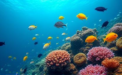 Underwater photo showing colorful fish near a coral reef in Kuwaiti waters
