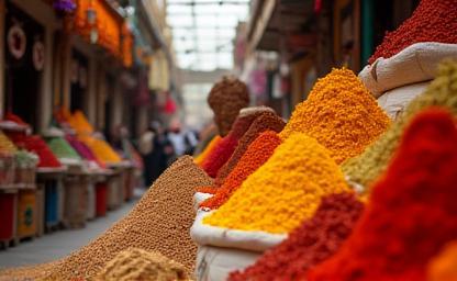 Vibrant scene in a Kuwaiti souq focusing on colorful spice stalls