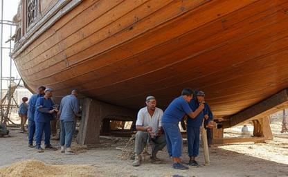 Workers repairing a traditional wooden dhow boat