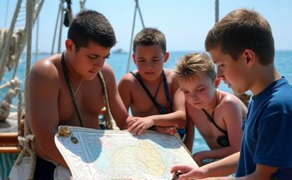 Young students learning traditional navigation techniques