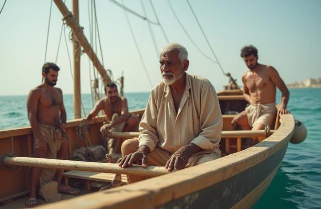 An elderly Kuwaiti man showing traditional pearl diving tools or a group maintaining a dhow