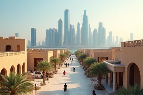 Modern Kuwait City skyline contrasting with a view of a traditional neighborhood or community center